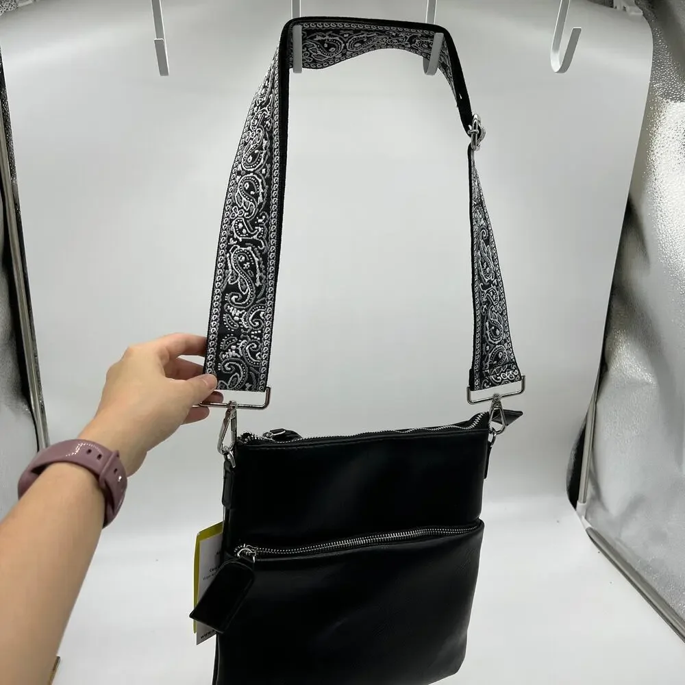 Ahdorned Double Zip Faux Leather Crossbody Black